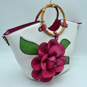 Chic White Tote with Pink Floral Design and Bamboo Handles